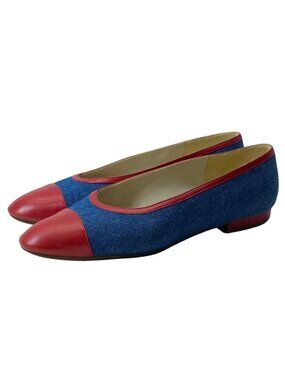 Chanel Flat Pumps Low Heels Shoes Bicolor Denim Leather Blue Red Daily 35.5